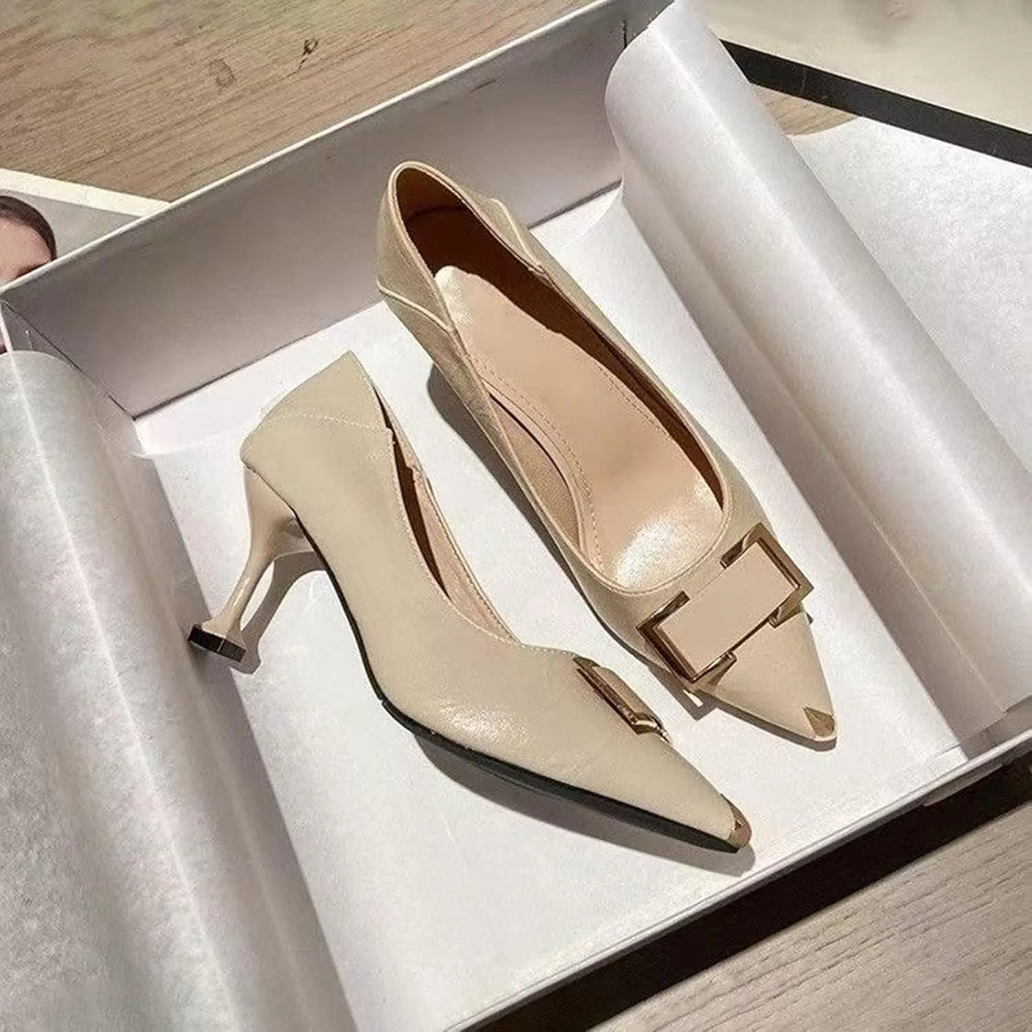 Spring and Summer Pointed Toe French Fashion Thin Mid Heel Lightweight Shoes Sandal Wedges Size 6