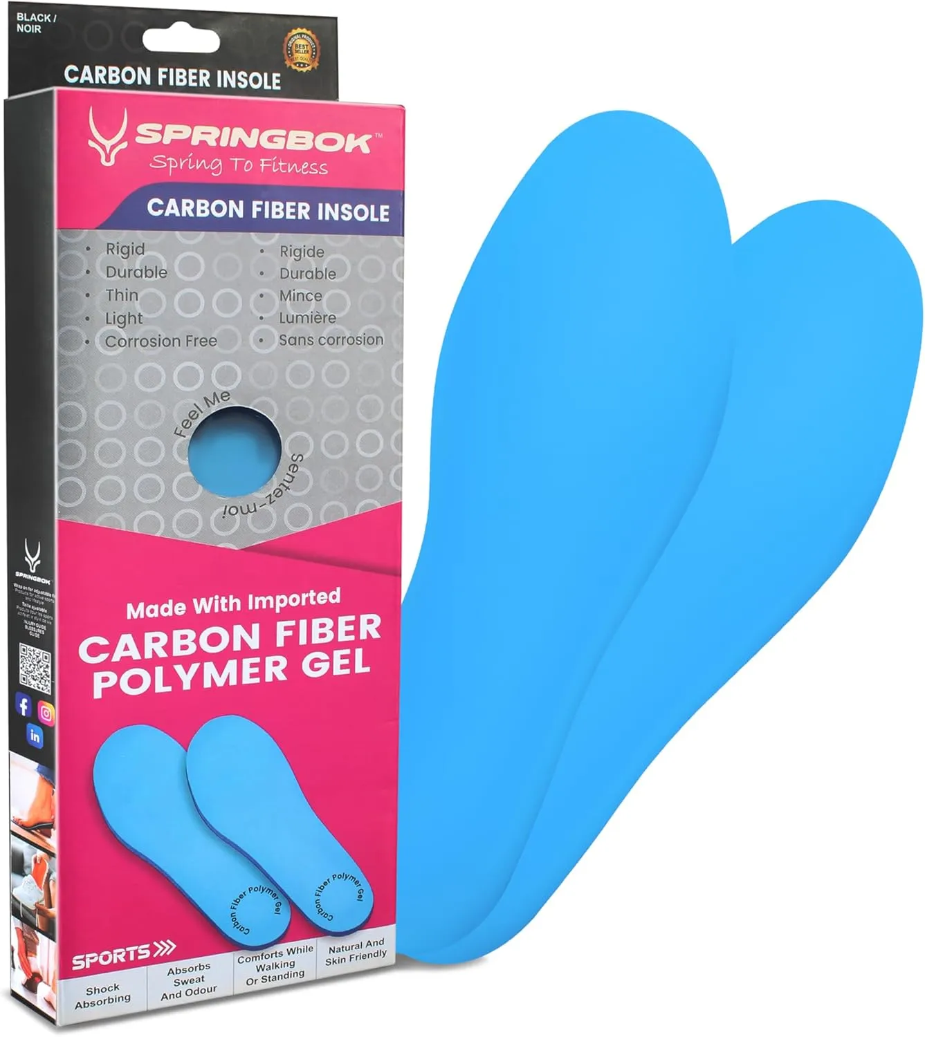SPRINGBOK Carbon Fiber Polymer Gel Insoles | Non Slip Comfort Sports Insole | Soft Glide Performance Insoles | Cushioning Shoe Insoles for Feet Relief (XL/M/L) (X-Large) (Blue, Large)