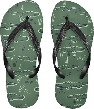 SPRIPORT Cartoon Crocodiles Grass Green Slim Flip Flops for Women Men Comfortable Casual Thong Cushion Sandals with Non-Slip Rubber Sole Outdoor Sandals for Beach Summer Walking