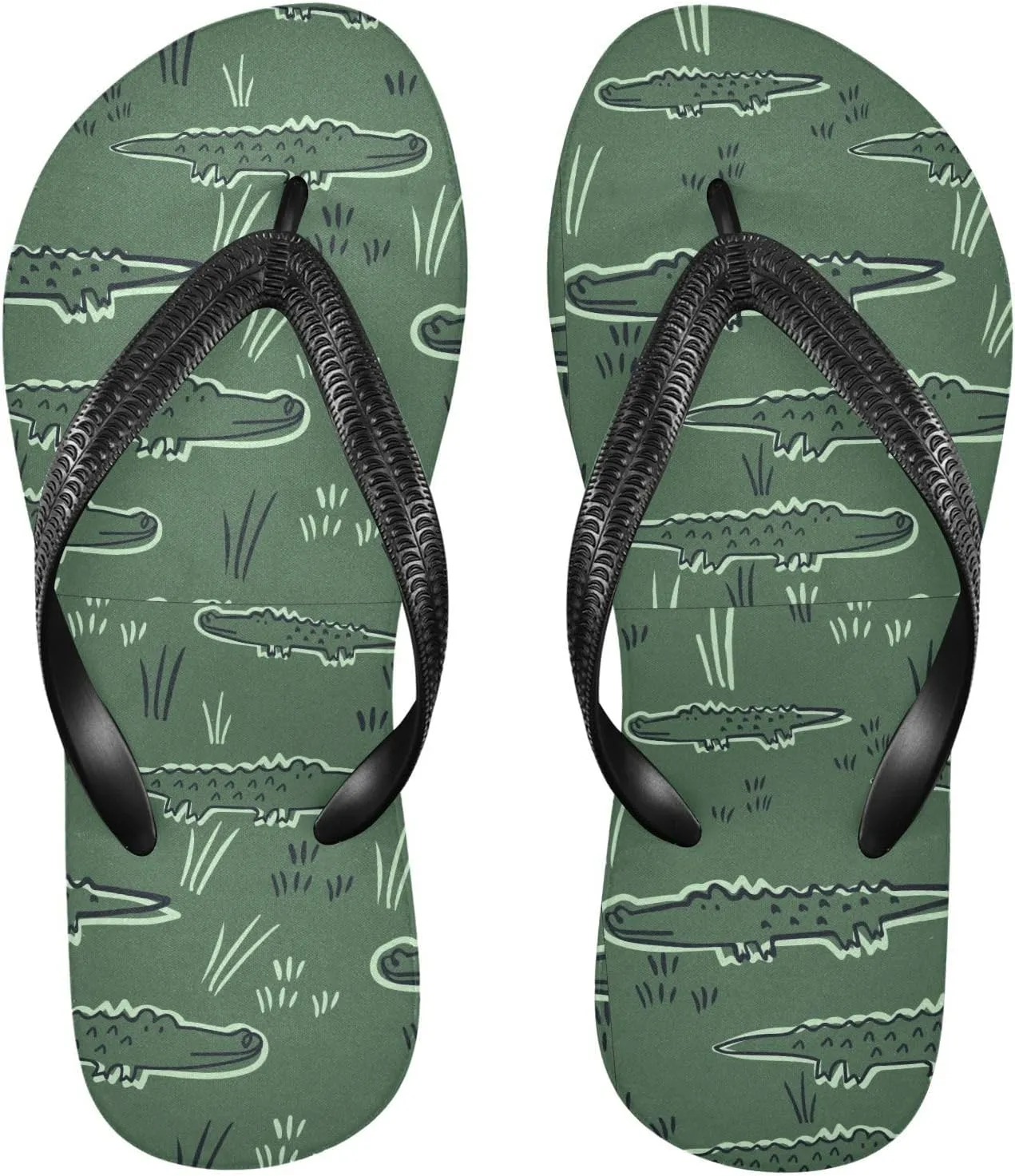 SPRIPORT Cartoon Crocodiles Grass Green Slim Flip Flops for Women Men Comfortable Casual Thong Cushion Sandals with Non-Slip Rubber Sole Outdoor Sandals for Beach Summer Walking