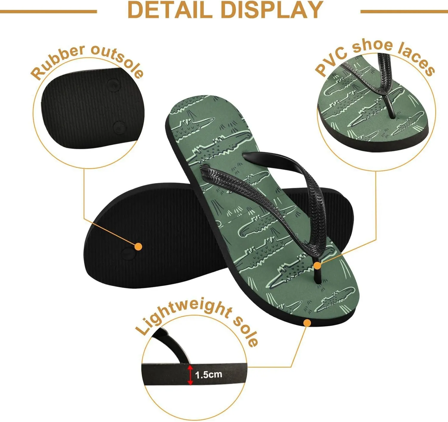 SPRIPORT Cartoon Crocodiles Grass Green Slim Flip Flops for Women Men Comfortable Casual Thong Cushion Sandals with Non-Slip Rubber Sole Outdoor Sandals for Beach Summer Walking