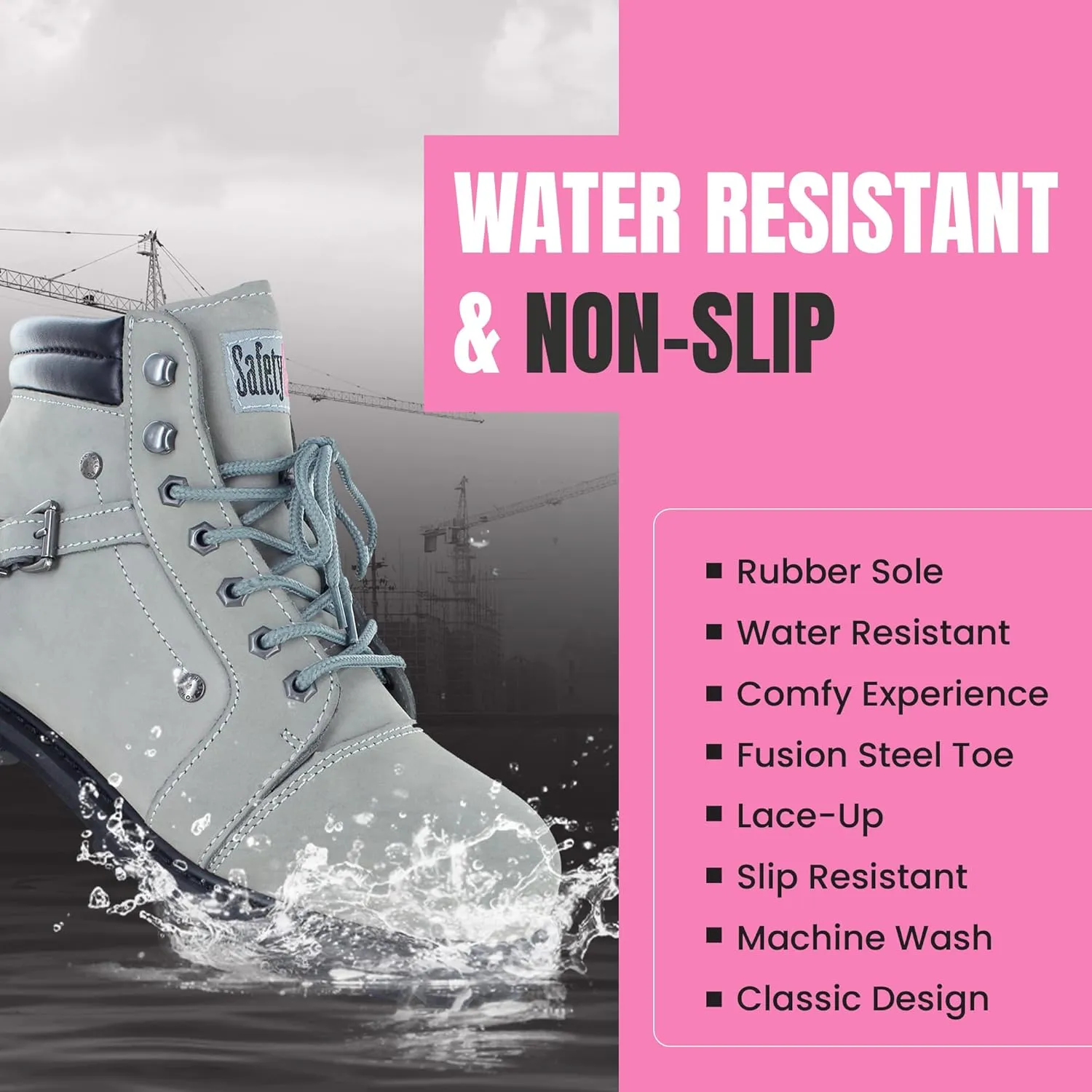 Steel Toe Boots for Women - Light Gray - 7.5M | Waterproof Women's Fusion Work Boots | Leather Work Boots | Rugged Goodyear Welt Construction | Oil Resistant Outsoles & Cushioned Insoles