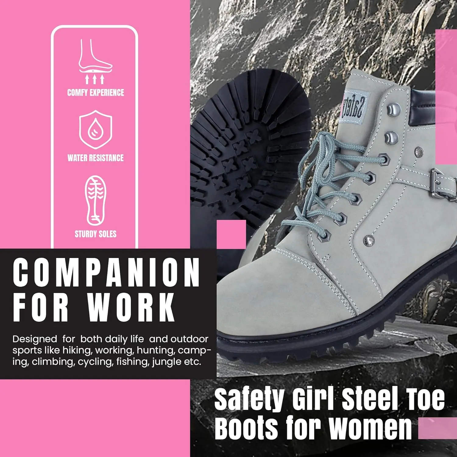 Steel Toe Boots for Women - Light Gray - 7.5M | Waterproof Women's Fusion Work Boots | Leather Work Boots | Rugged Goodyear Welt Construction | Oil Resistant Outsoles & Cushioned Insoles
