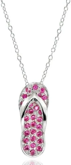 Sterling Silver Simulated Ruby Flip-Flop Beach Sandal Necklace