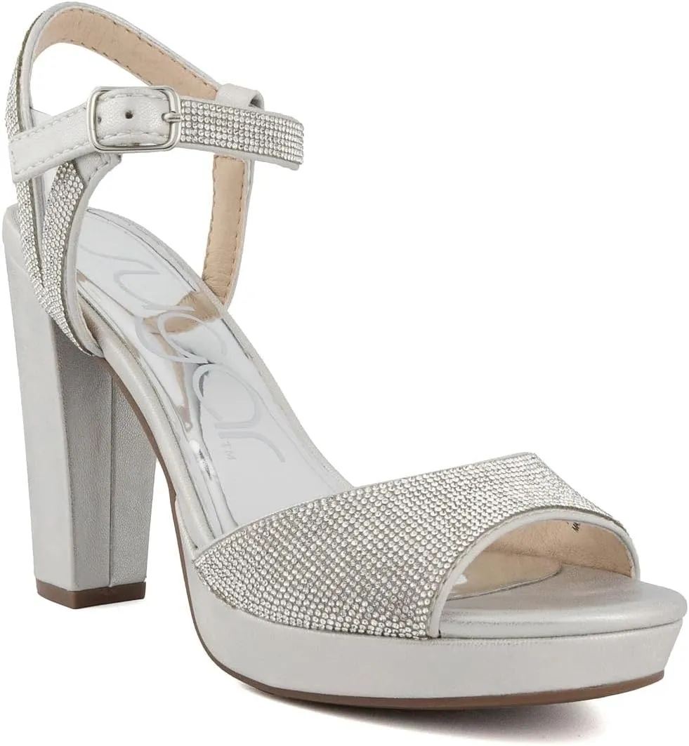 Sugar Women's Two Piece Block Heel Dress Shoe Ladies Ankle Strap Pump Sandal with Bead Detail - Open Back - Prisila Silver 7