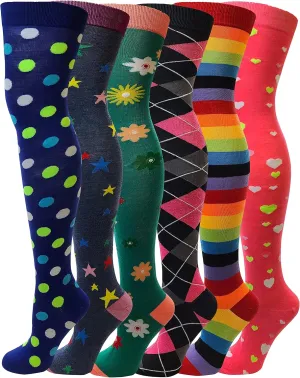 SUMONA 6 Pairs Pack Women Multi Neon Color Fancy Design Thigh High Over the Knee Socks Stockings