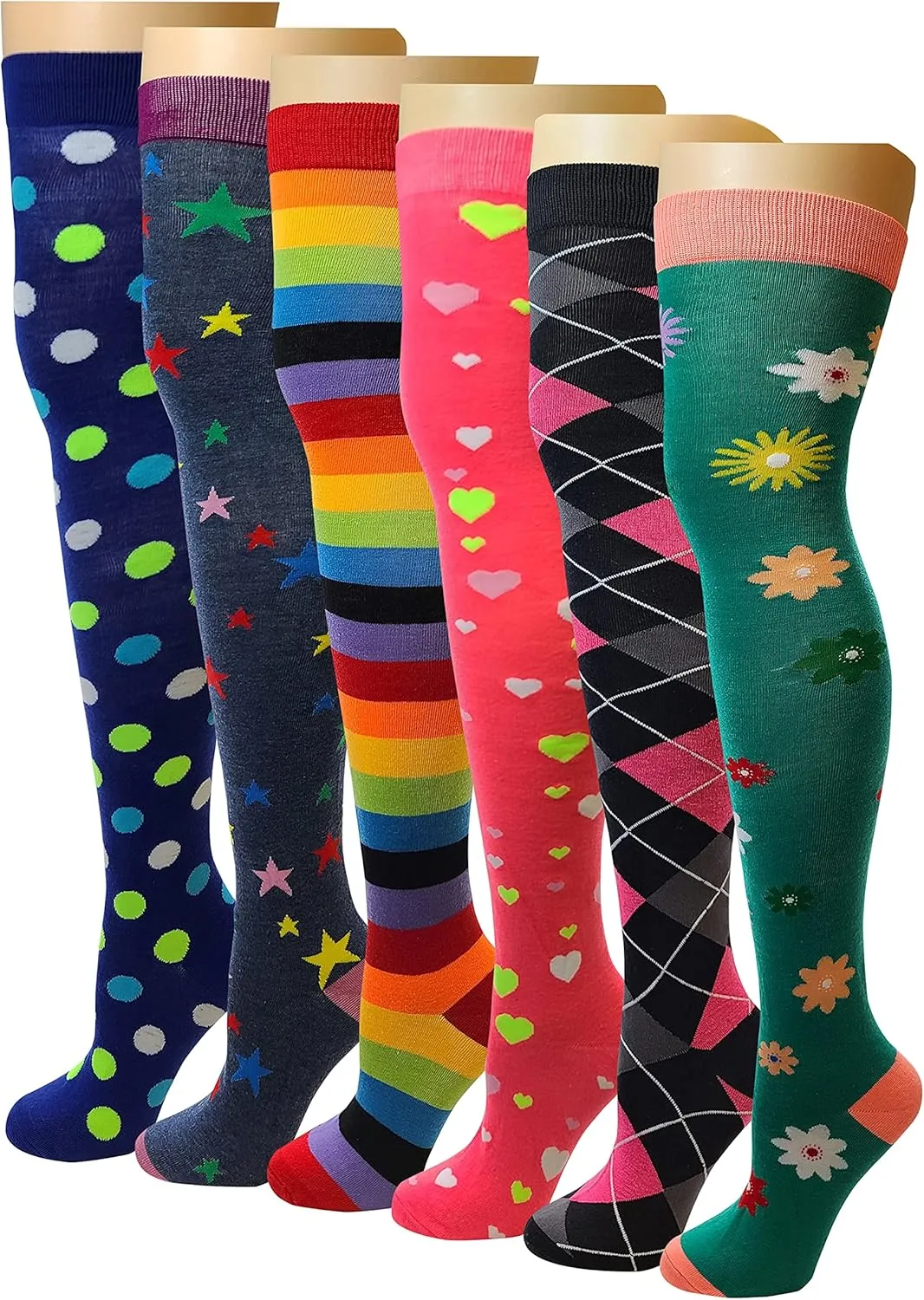 SUMONA 6 Pairs Pack Women Multi Neon Color Fancy Design Thigh High Over the Knee Socks Stockings