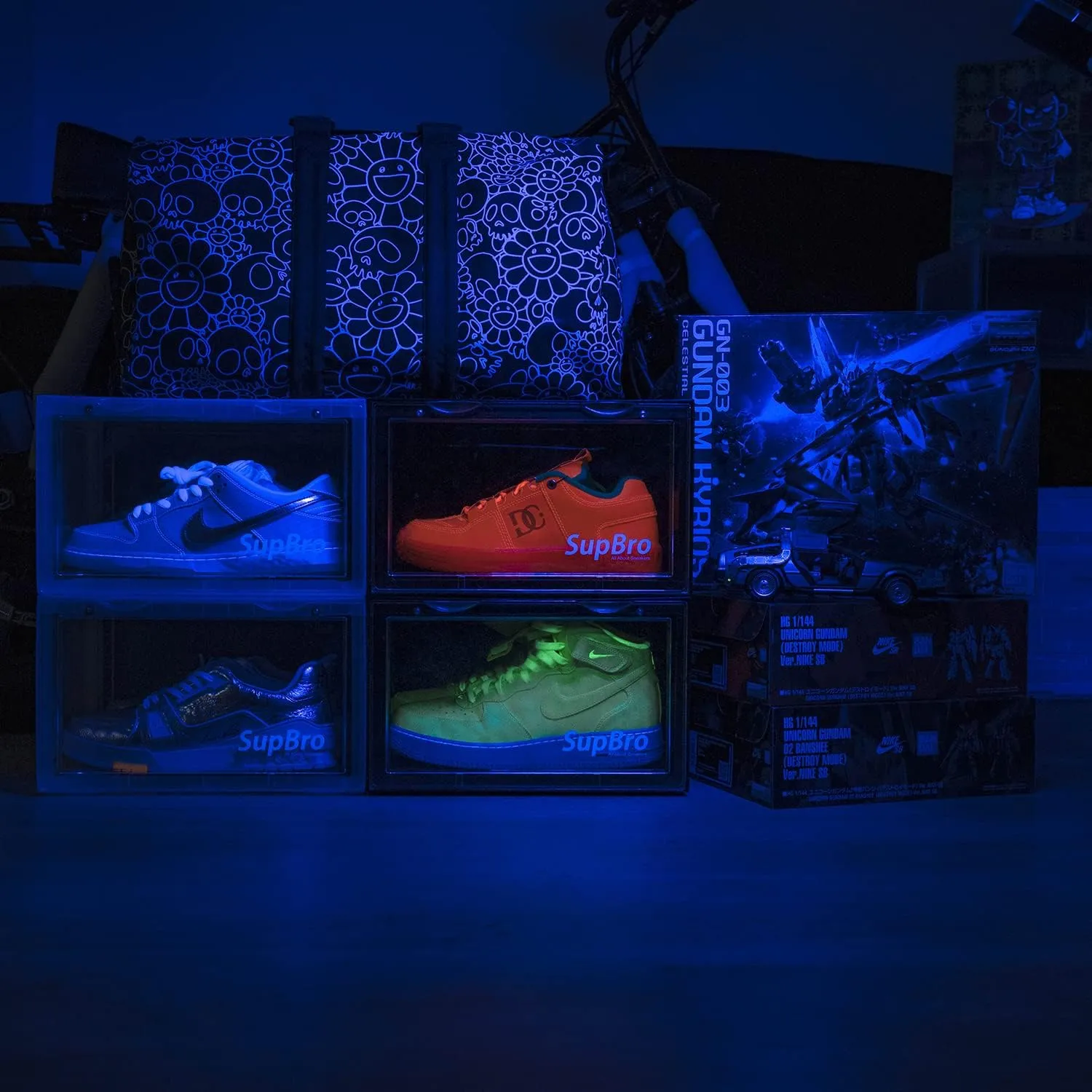SupBro Collection Crate - Easy Access Storage Shoes Box -Plastic Foldable Stackable Sneaker Display Storage with Reflective Logo Clear Side Open Door Organizer-8 Pack(Transparent)