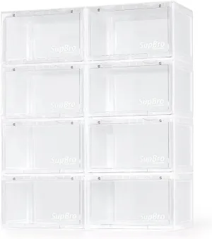 SupBro Collection Crate - Easy Access Storage Shoes Box -Plastic Foldable Stackable Sneaker Display Storage with Reflective Logo Clear Side Open Door Organizer-8 Pack(Transparent)