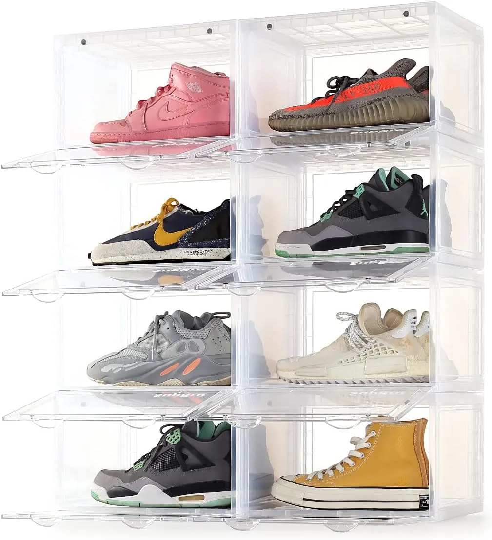 SupBro Collection Crate - Easy Access Storage Shoes Box -Plastic Foldable Stackable Sneaker Display Storage with Reflective Logo Clear Side Open Door Organizer-8 Pack(Transparent)