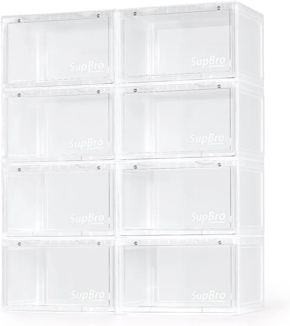 SupBro Collection Crate - Easy Access Storage Shoes Box -Plastic Foldable Stackable Sneaker Display Storage with Reflective Logo Clear Side Open Door Organizer-8 Pack(Transparent)