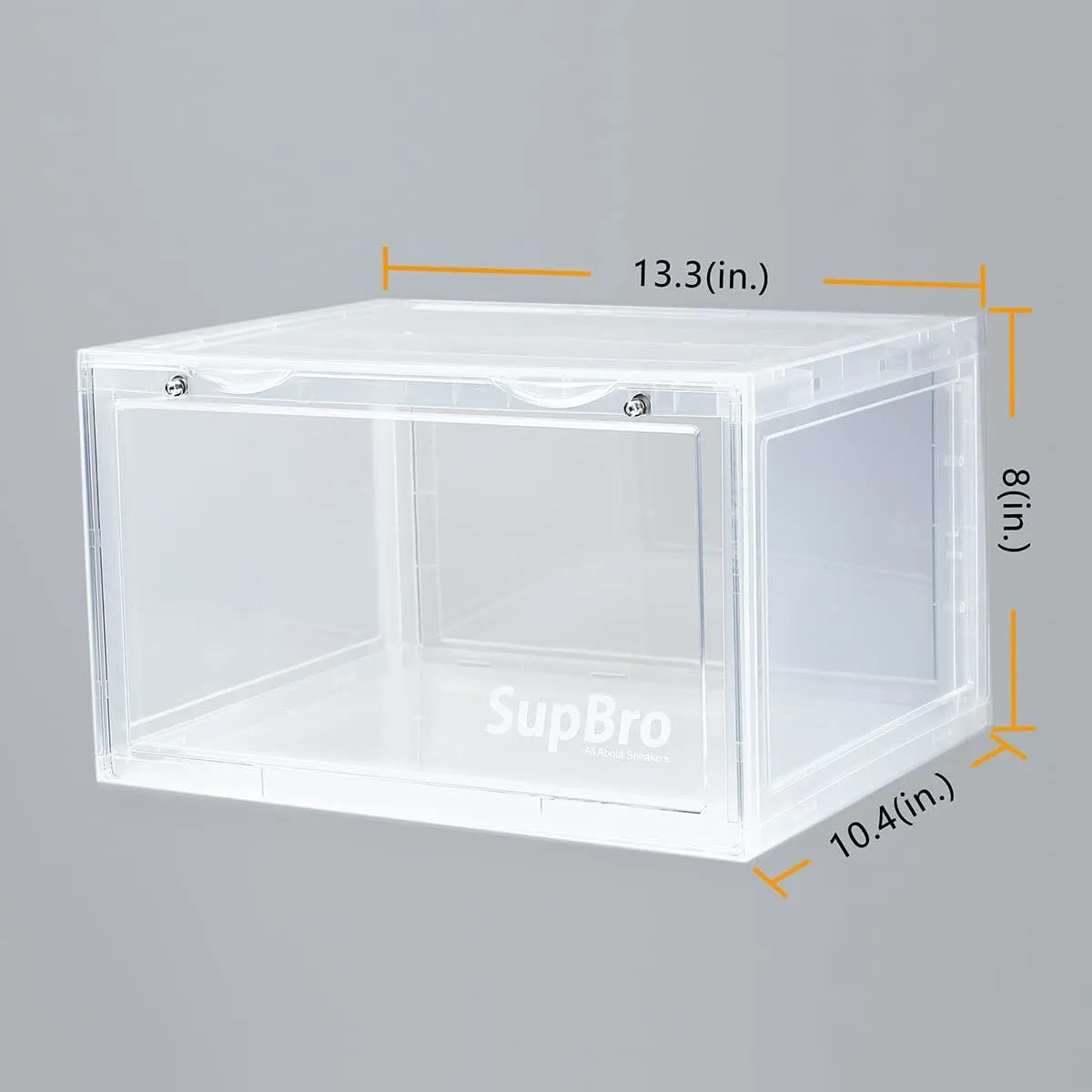 SupBro Collection Crate - Easy Access Storage Shoes Box -Plastic Foldable Stackable Sneaker Display Storage with Reflective Logo Clear Side Open Door Organizer-8 Pack(Transparent)
