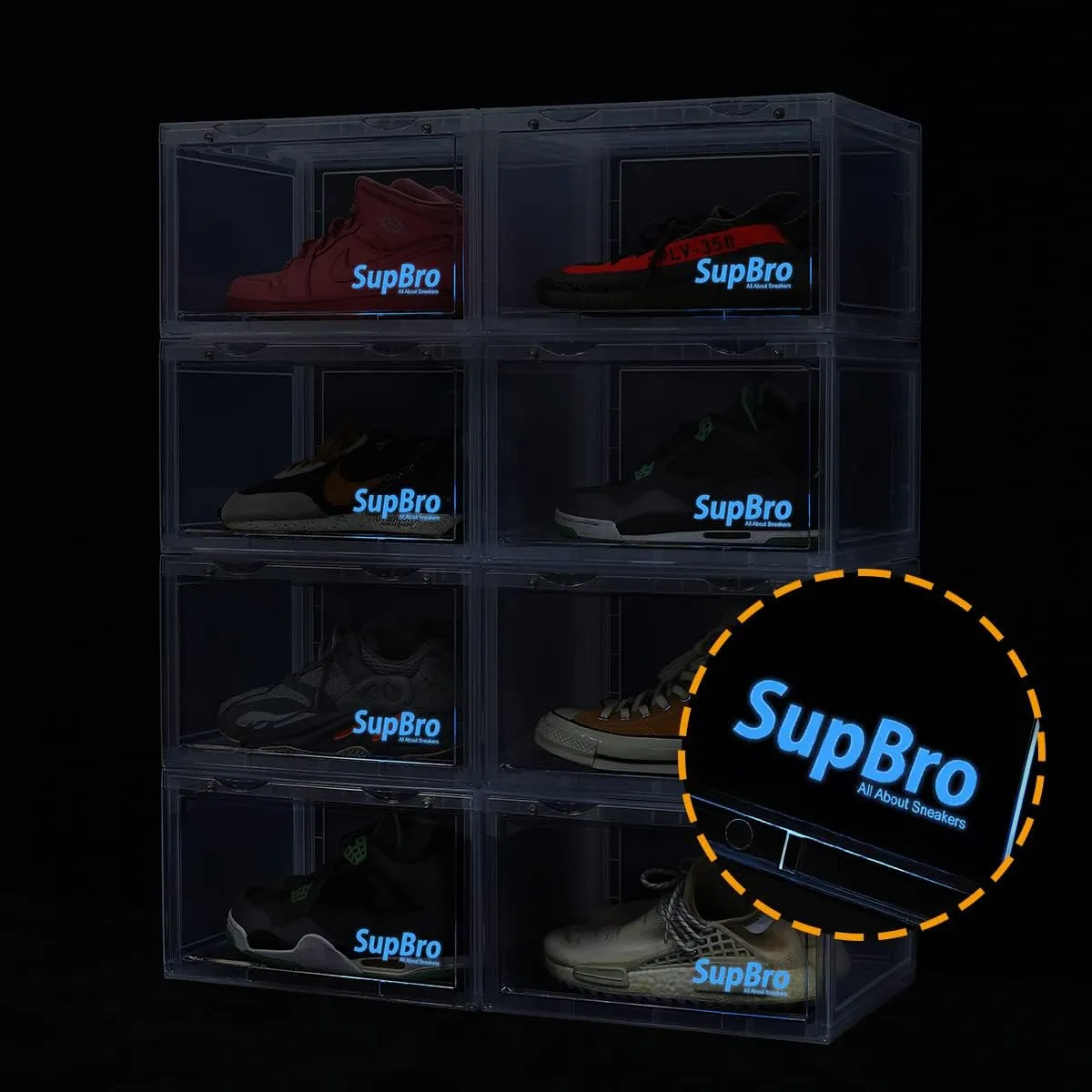 SupBro Collection Crate - Easy Access Storage Shoes Box -Plastic Foldable Stackable Sneaker Display Storage with Reflective Logo Clear Side Open Door Organizer-8 Pack(Transparent)