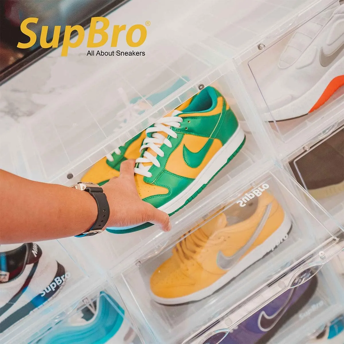 SupBro Collection Crate - Easy Access Storage Shoes Box -Plastic Foldable Stackable Sneaker Display Storage with Reflective Logo Clear Side Open Door Organizer-8 Pack(Transparent)