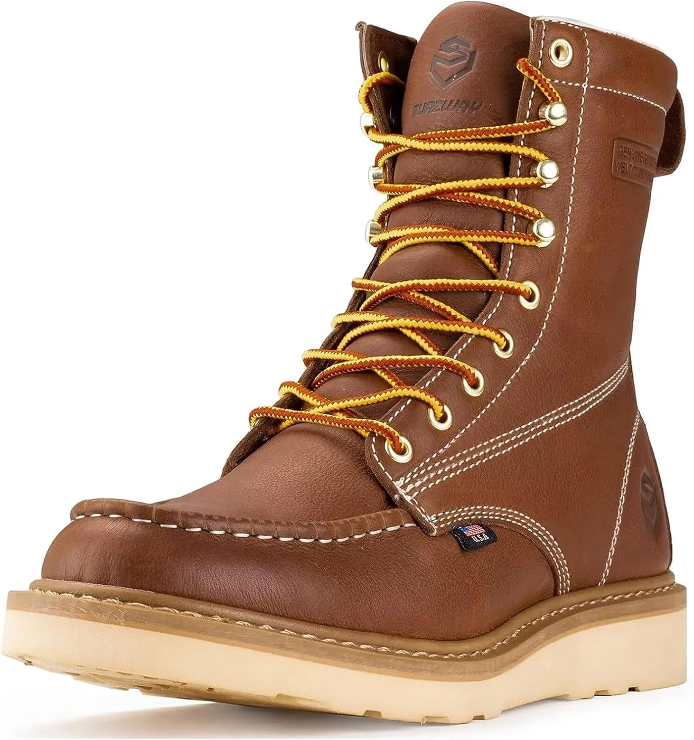 SUREWAY Mens 8 in Wedge Moc Soft/Steel Toe Work Boots for Men,Full-Grain Leather,Industrial Construction Boots/Shoes for Women,Waterproof Soft Toe TOBACCO,Size 9.5