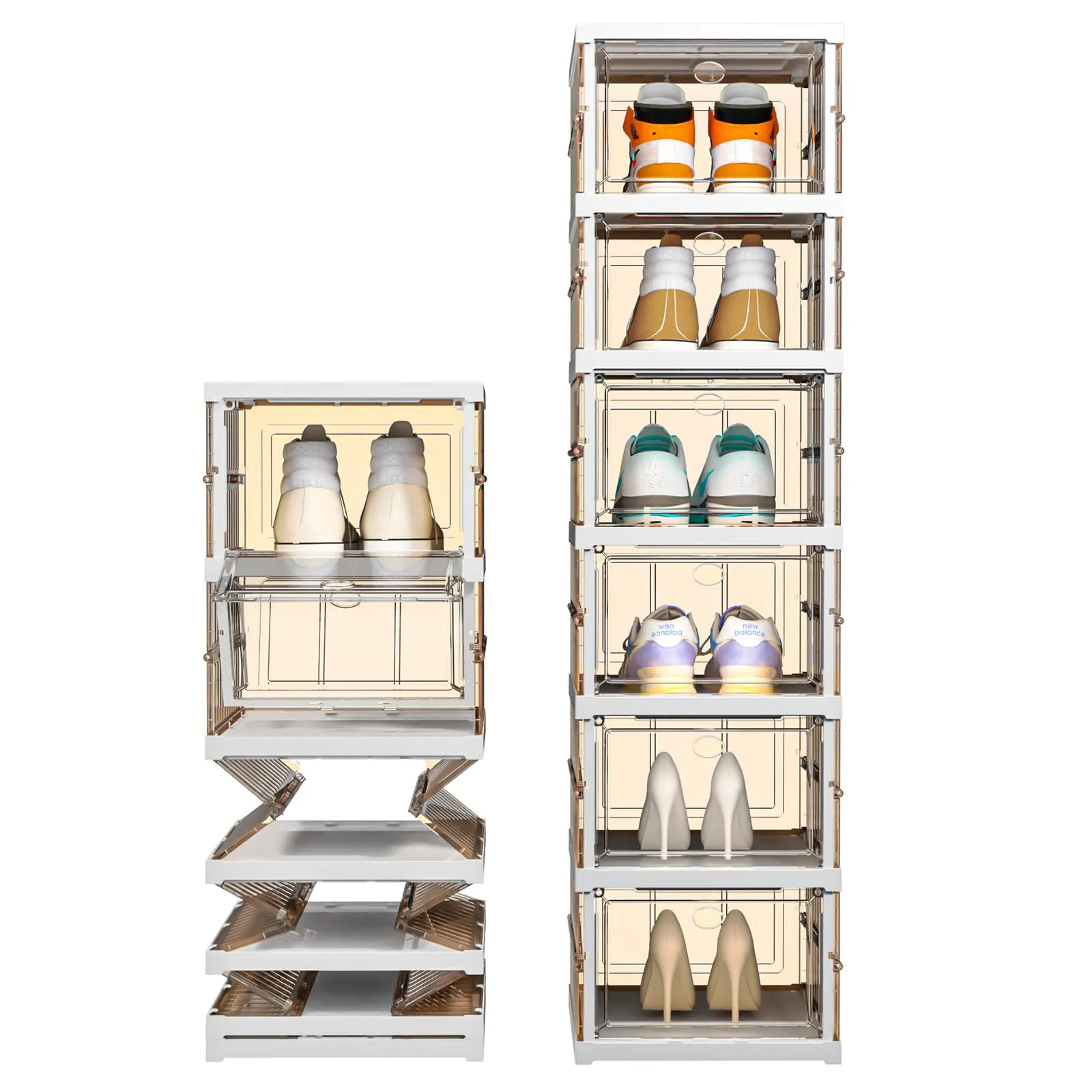 Thicken & Sturdy Clear Shoe Storage Organizer with Magnetic Door, Stackable Boxes for Closet, Foldable Shoe Rack for Sneaker Boot Container, Plastic Shoe Cabinet Shoe Box 6 Pack, Black