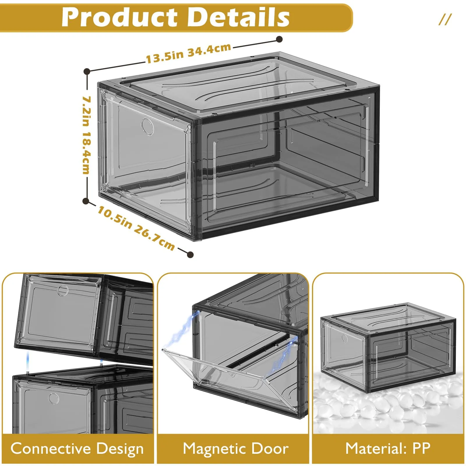 Thicken & Sturdy Clear Shoe Storage Organizer with Magnetic Door, Stackable Boxes for Closet, Foldable Shoe Rack for Sneaker Boot Container, Plastic Shoe Cabinet Shoe Box 6 Pack, Black