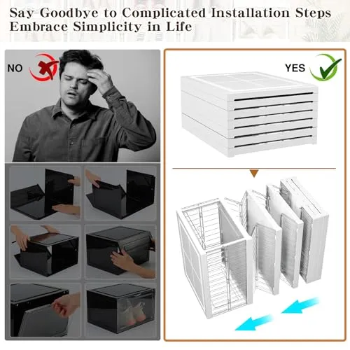 Thicken & Sturdy Clear Shoe Storage Organizer with Magnetic Door, Stackable Boxes for Closet, Foldable Shoe Rack for Sneaker Boot Container, Plastic Shoe Cabinet Shoe Box 6 Pack, Black