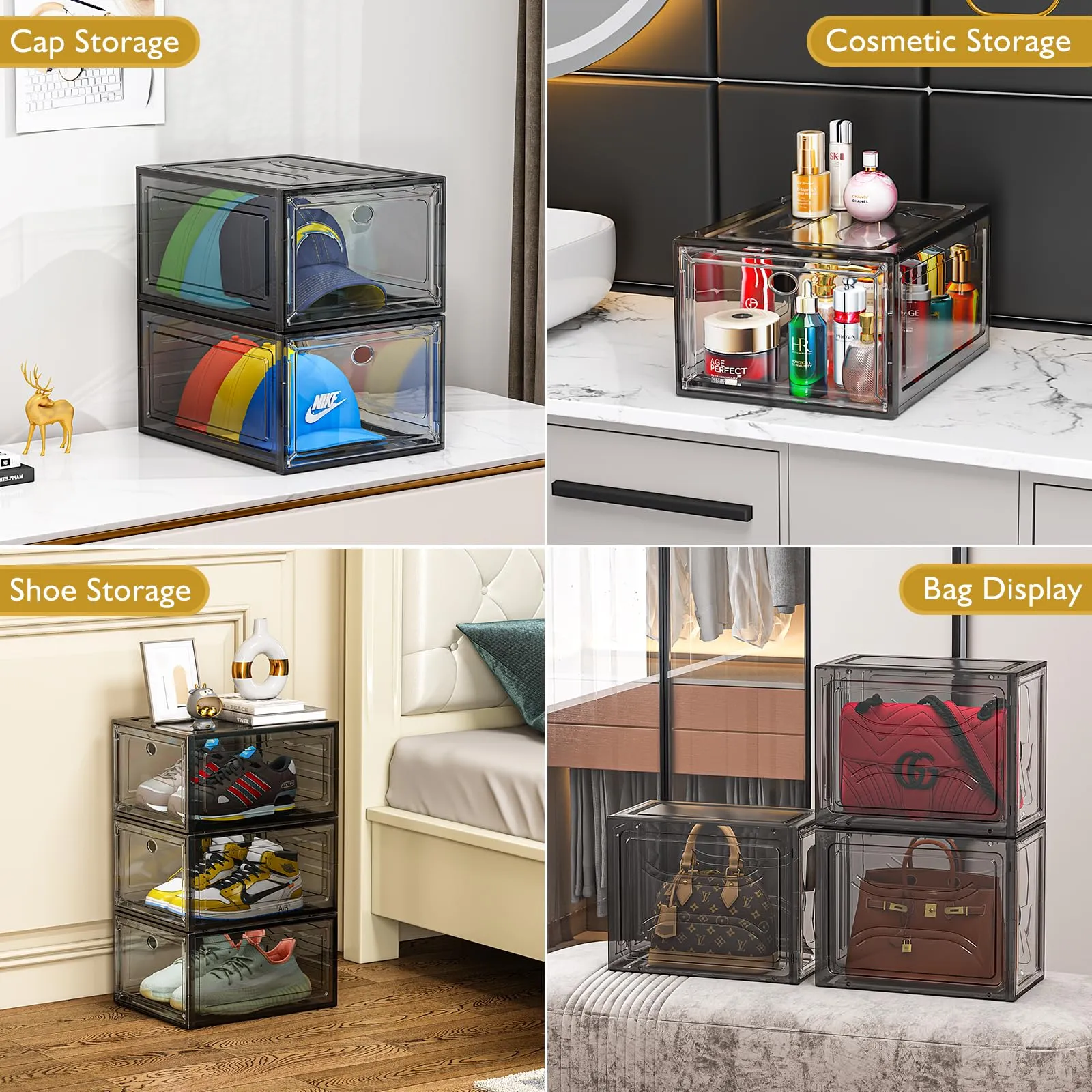 Thicken & Sturdy Clear Shoe Storage Organizer with Magnetic Door, Stackable Boxes for Closet, Foldable Shoe Rack for Sneaker Boot Container, Plastic Shoe Cabinet Shoe Box 6 Pack, Black