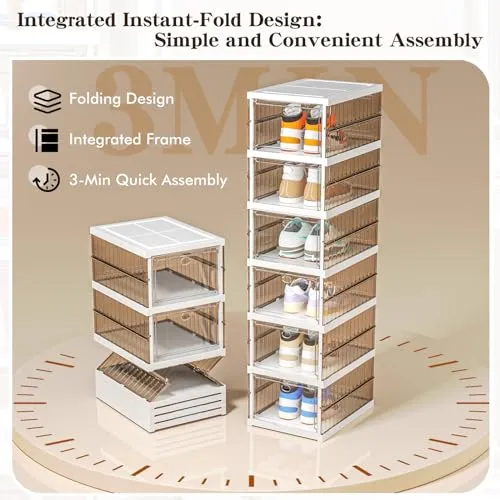 Thicken & Sturdy Clear Shoe Storage Organizer with Magnetic Door, Stackable Boxes for Closet, Foldable Shoe Rack for Sneaker Boot Container, Plastic Shoe Cabinet Shoe Box 6 Pack, Black