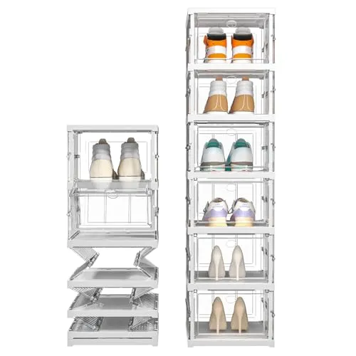 Thicken & Sturdy Clear Shoe Storage Organizer with Magnetic Door, Stackable Boxes for Closet, Foldable Shoe Rack for Sneaker Boot Container, Plastic Shoe Cabinet Shoe Box 6 Pack, Black