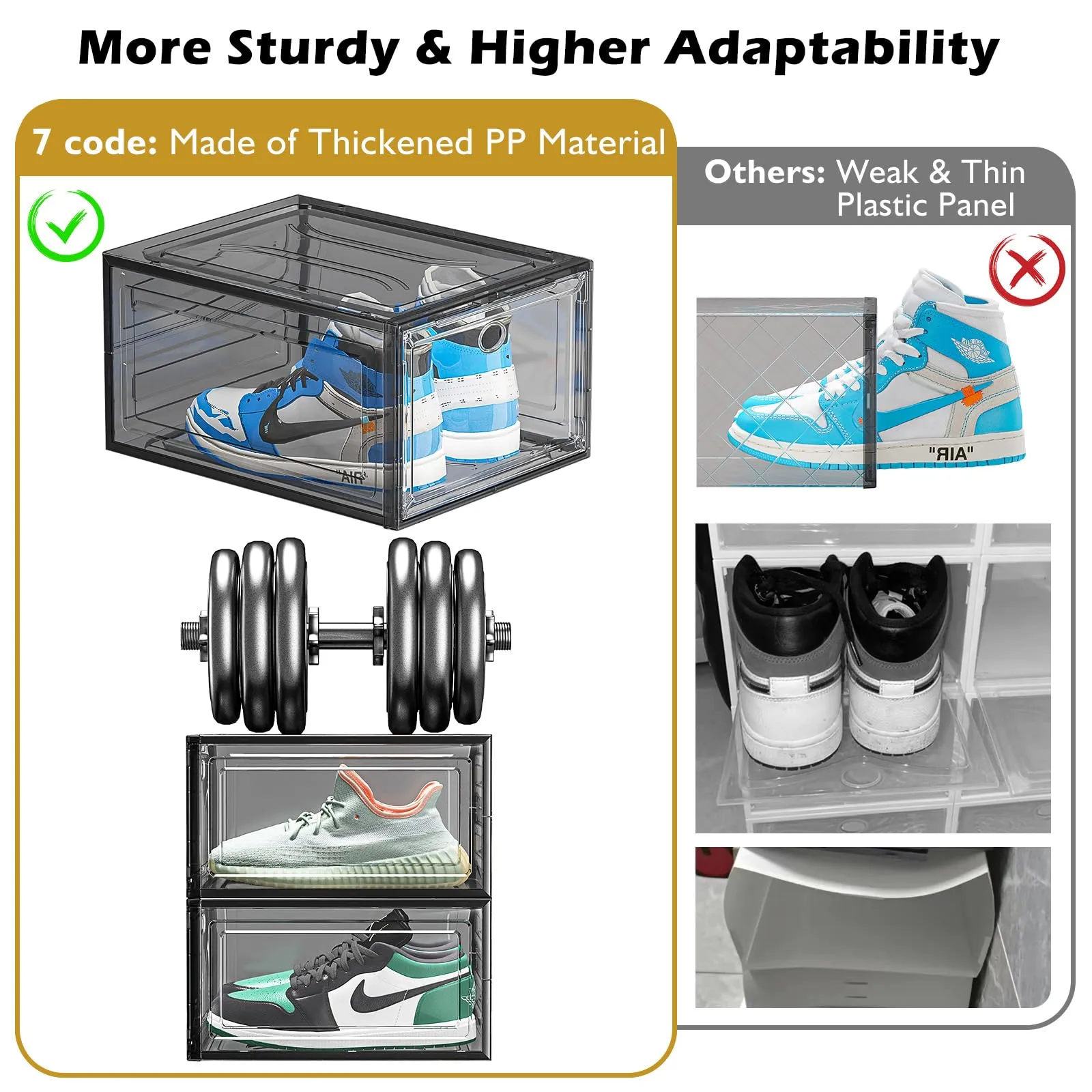 Thicken & Sturdy Clear Shoe Storage Organizer with Magnetic Door, Stackable Boxes for Closet, Foldable Shoe Rack for Sneaker Boot Container, Plastic Shoe Cabinet Shoe Box 6 Pack, Black