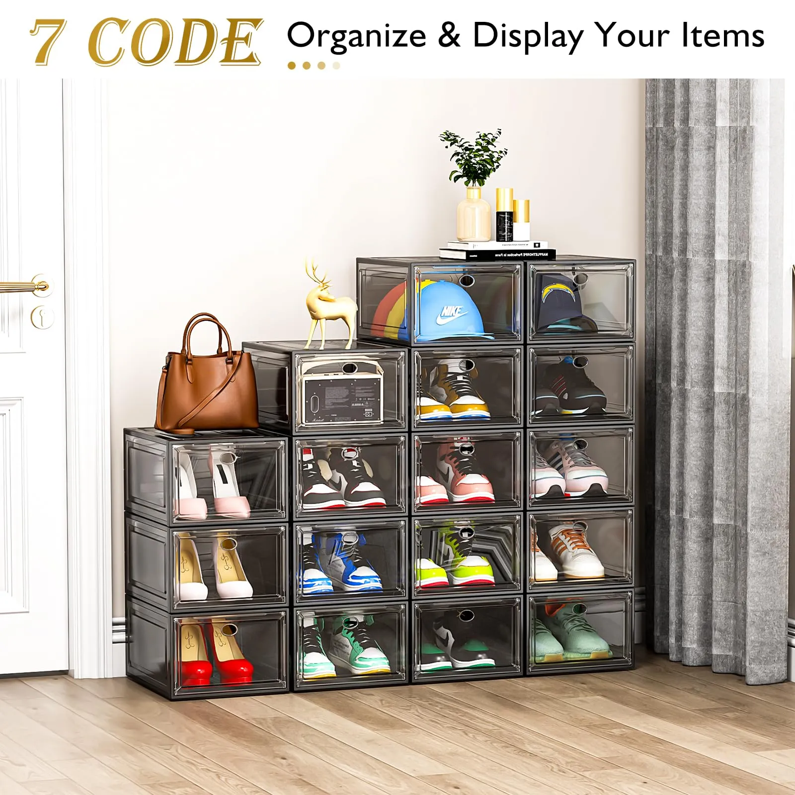 Thicken & Sturdy Clear Shoe Storage Organizer with Magnetic Door, Stackable Boxes for Closet, Foldable Shoe Rack for Sneaker Boot Container, Plastic Shoe Cabinet Shoe Box 6 Pack, Black