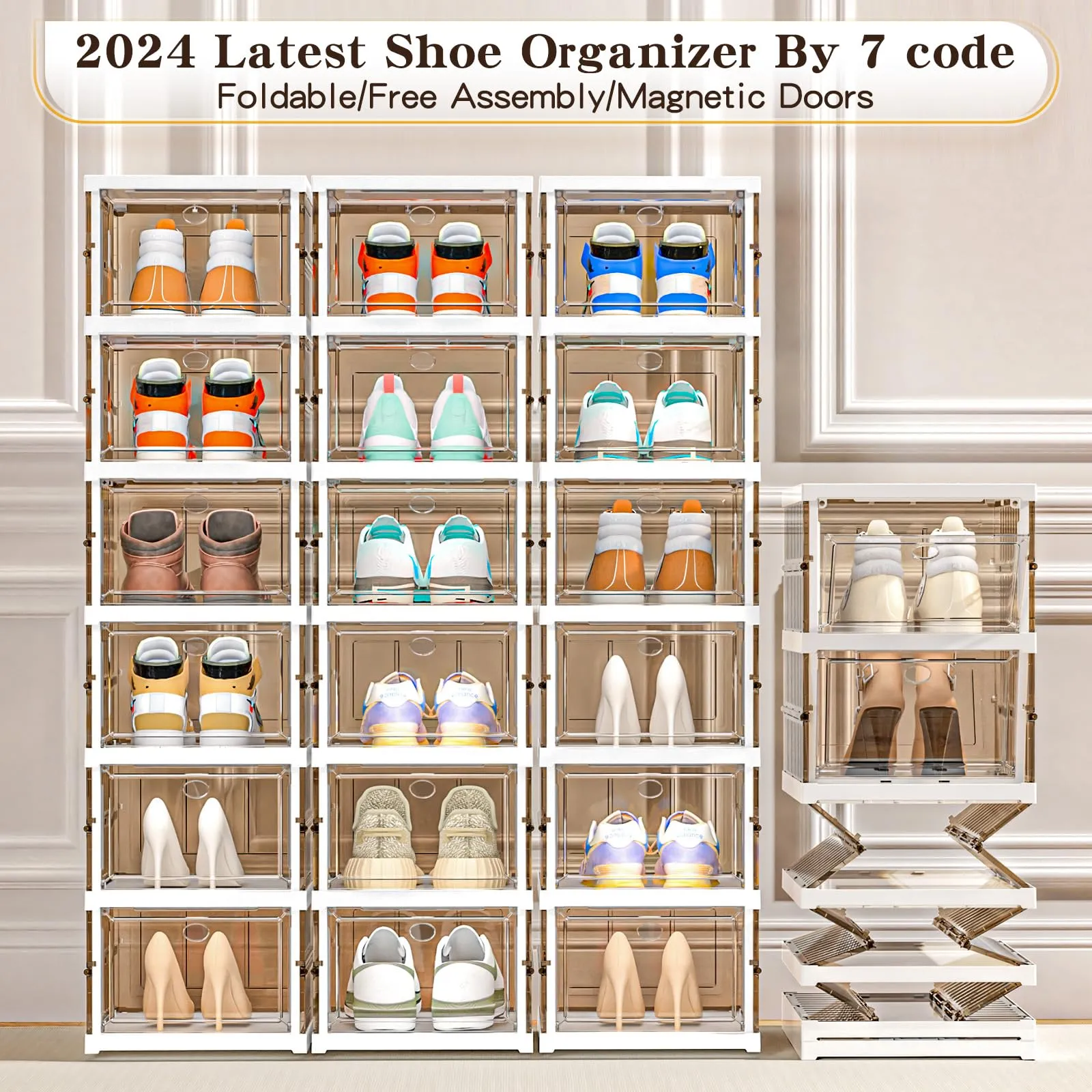 Thicken & Sturdy Clear Shoe Storage Organizer with Magnetic Door, Stackable Boxes for Closet, Foldable Shoe Rack for Sneaker Boot Container, Plastic Shoe Cabinet Shoe Box 6 Pack, Black