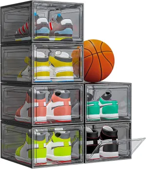 Thicken & Sturdy Clear Shoe Storage Organizer with Magnetic Door, Stackable Boxes for Closet, Foldable Shoe Rack for Sneaker Boot Container, Plastic Shoe Cabinet Shoe Box 6 Pack, Black