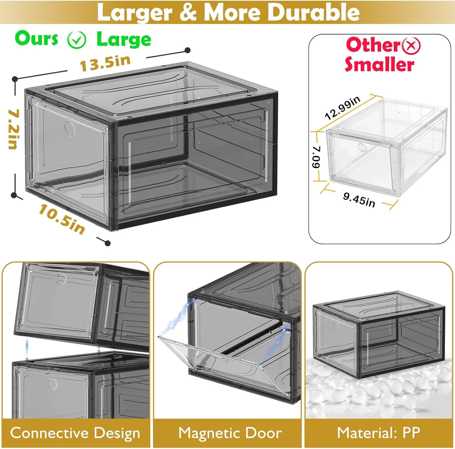 Thicken & Sturdy Clear Shoe Storage Organizer with Magnetic Door, Stackable Boxes for Closet, Foldable Shoe Rack for Sneaker Boot Container, Plastic Shoe Cabinet Shoe Box 6 Pack, Black