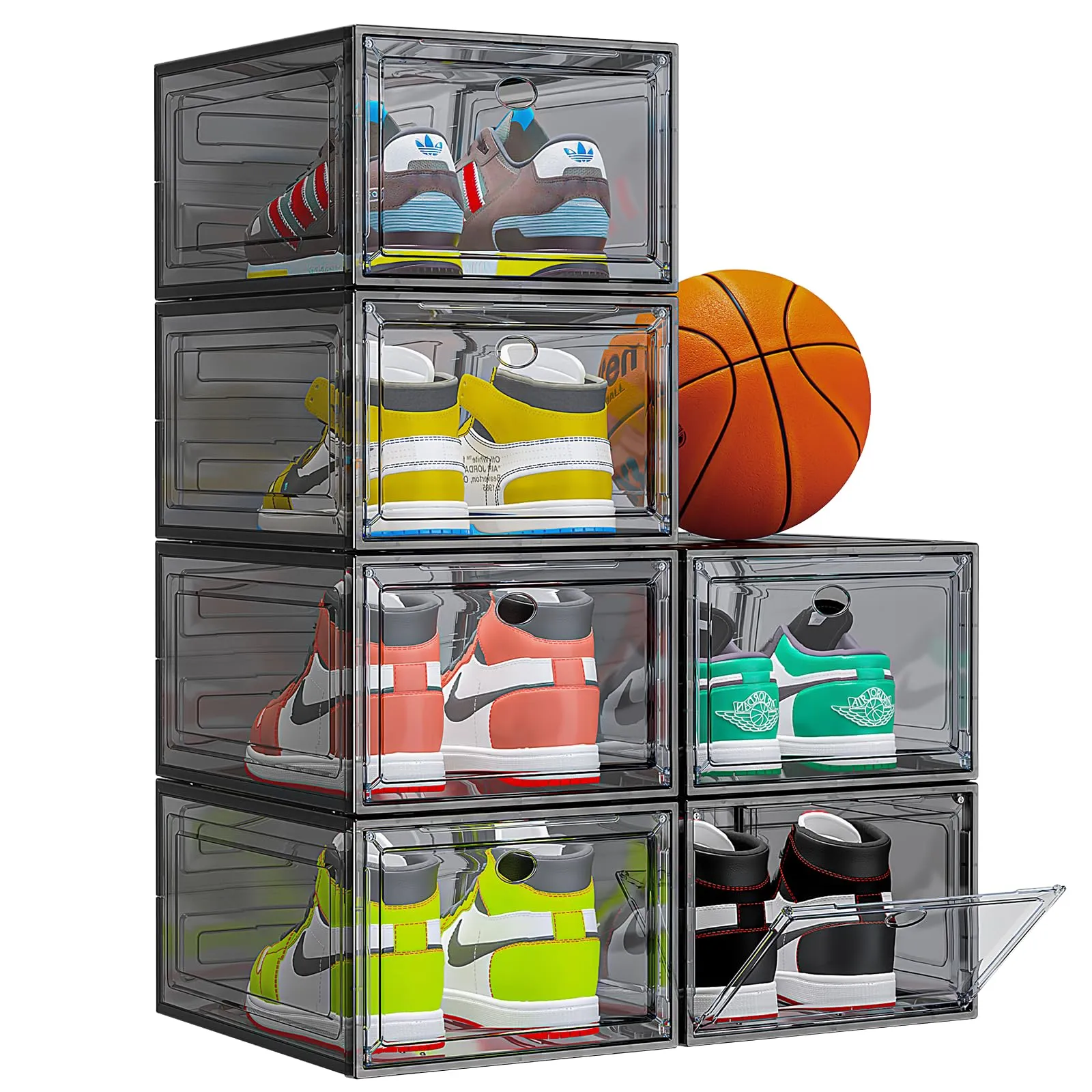 Thicken & Sturdy Clear Shoe Storage Organizer with Magnetic Door, Stackable Boxes for Closet, Foldable Shoe Rack for Sneaker Boot Container, Plastic Shoe Cabinet Shoe Box 6 Pack, Black