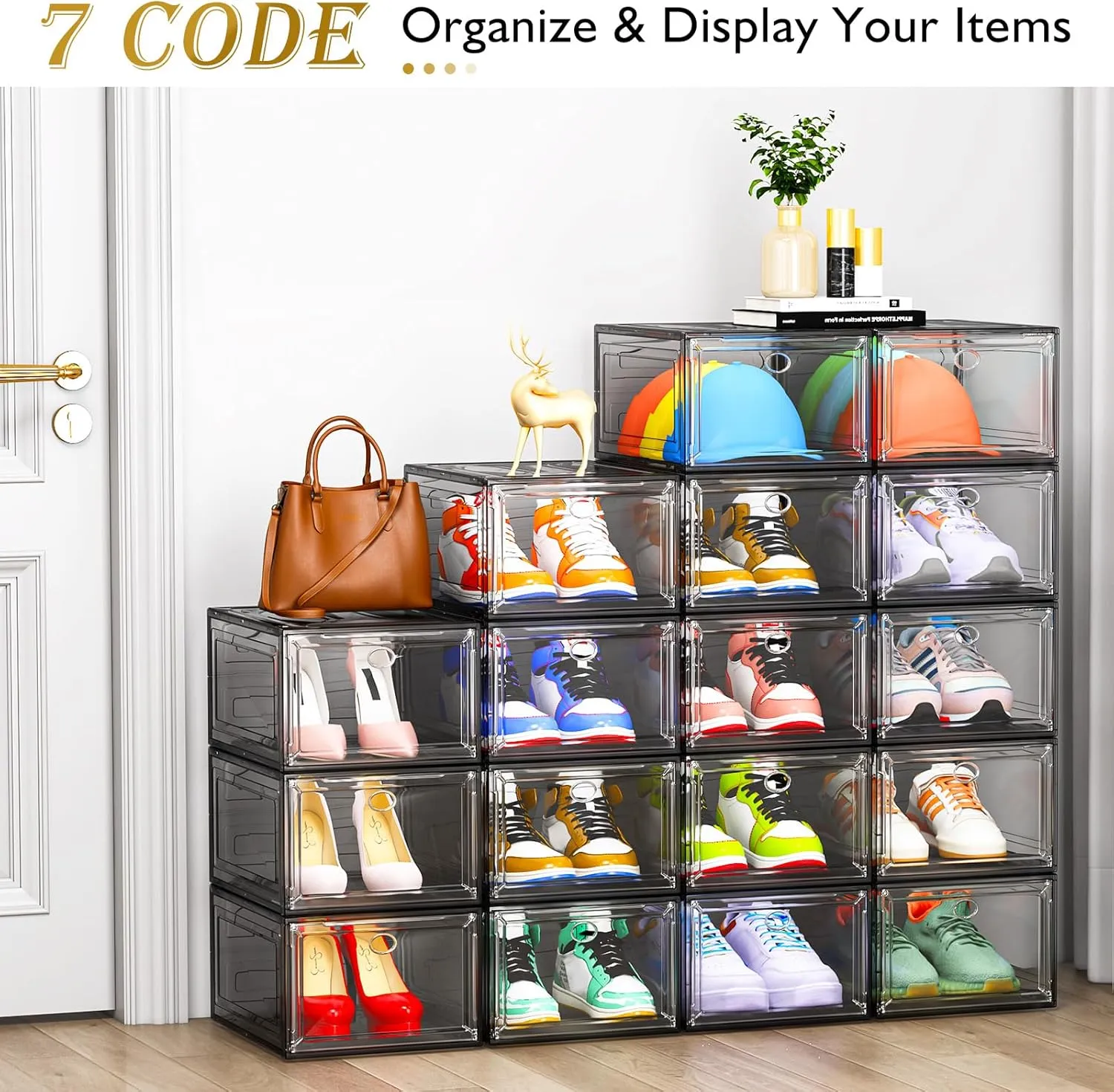 Thicken & Sturdy Clear Shoe Storage Organizer with Magnetic Door, Stackable Boxes for Closet, Foldable Shoe Rack for Sneaker Boot Container, Plastic Shoe Cabinet Shoe Box 6 Pack, Black