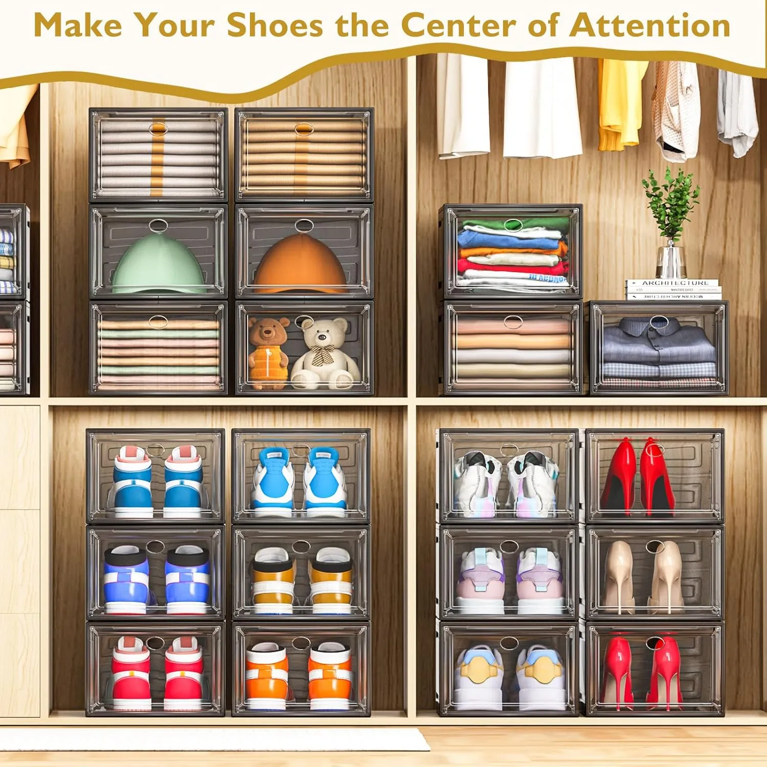 Thicken & Sturdy Clear Shoe Storage Organizer with Magnetic Door, Stackable Boxes for Closet, Foldable Shoe Rack for Sneaker Boot Container, Plastic Shoe Cabinet Shoe Box 6 Pack, Black