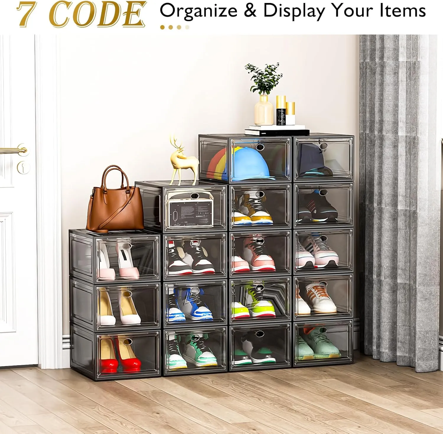 Thicken & Sturdy Clear Shoe Storage Organizer with Magnetic Door, Stackable Boxes for Closet, Foldable Shoe Rack for Sneaker Boot Container, Plastic Shoe Cabinet Shoe Box 6 Pack, Black