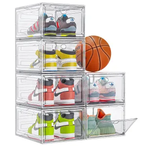 Thicken & Sturdy Clear Shoe Storage Organizer with Magnetic Door, Stackable Boxes for Closet, Foldable Shoe Rack for Sneaker Boot Container, Plastic Shoe Cabinet Shoe Box 6 Pack, Black