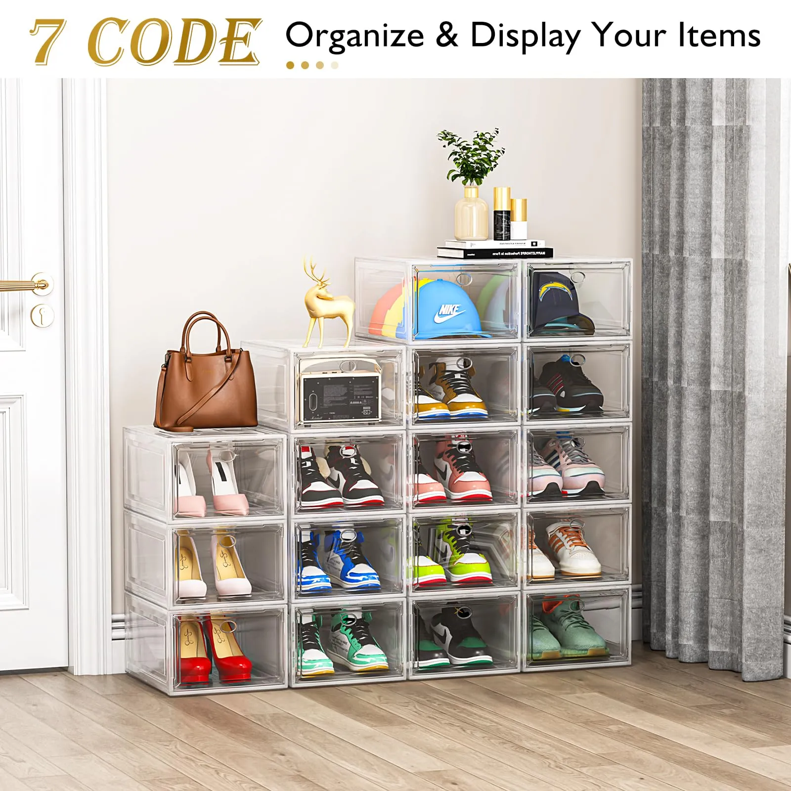Thicken & Sturdy Clear Shoe Storage Organizer with Magnetic Door, Stackable Boxes for Closet, Foldable Shoe Rack for Sneaker Boot Container, Plastic Shoe Cabinet Shoe Box 6 Pack, Black