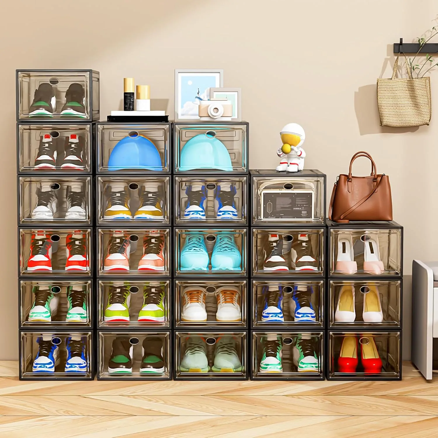 Thicken & Sturdy Clear Shoe Storage Organizer with Magnetic Door, Stackable Boxes for Closet, Foldable Shoe Rack for Sneaker Boot Container, Plastic Shoe Cabinet Shoe Box 6 Pack, Black