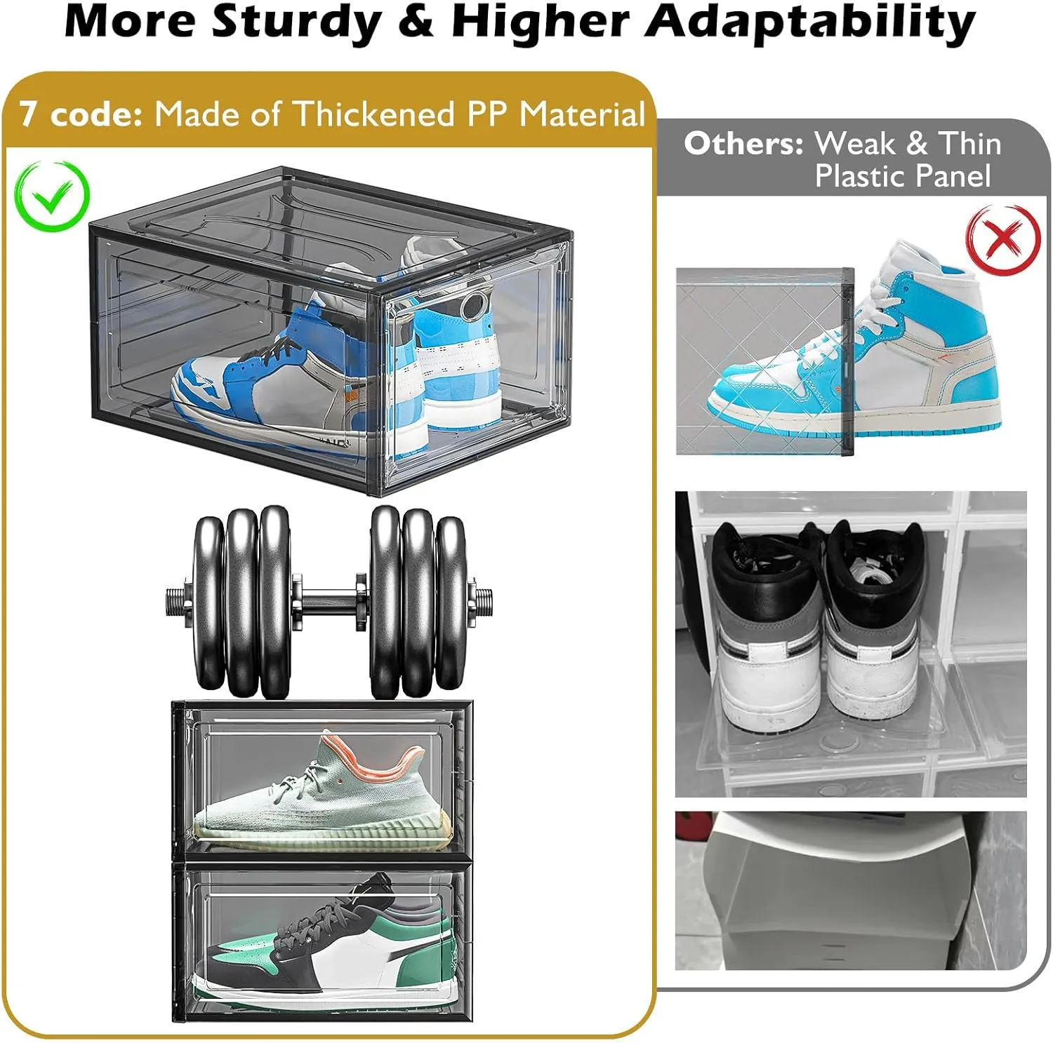 Thicken & Sturdy Clear Shoe Storage Organizer with Magnetic Door, Stackable Boxes for Closet, Foldable Shoe Rack for Sneaker Boot Container, Plastic Shoe Cabinet Shoe Box 6 Pack, Black