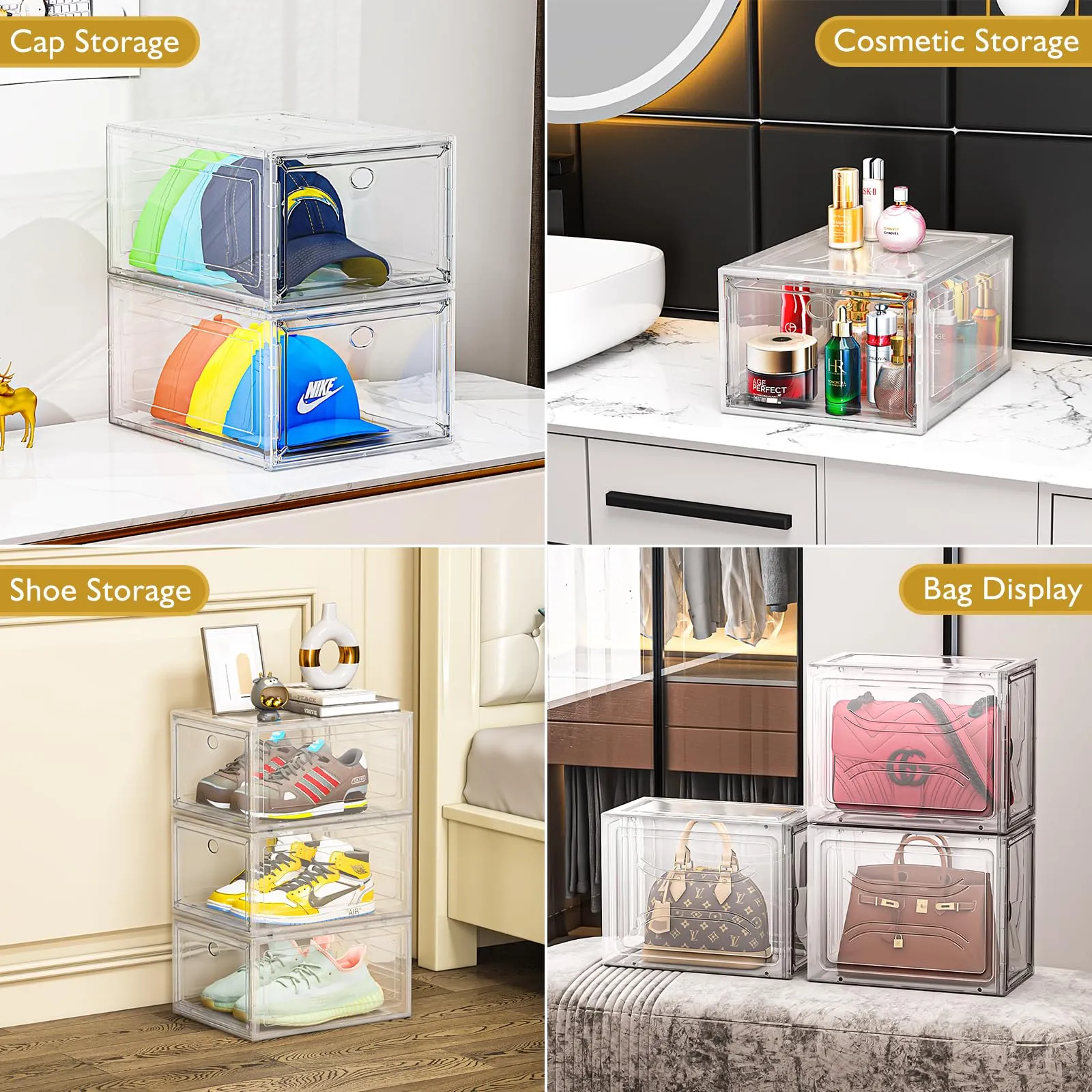 Thicken & Sturdy Clear Shoe Storage Organizer with Magnetic Door, Stackable Boxes for Closet, Foldable Shoe Rack for Sneaker Boot Container, Plastic Shoe Cabinet Shoe Box 6 Pack, Black