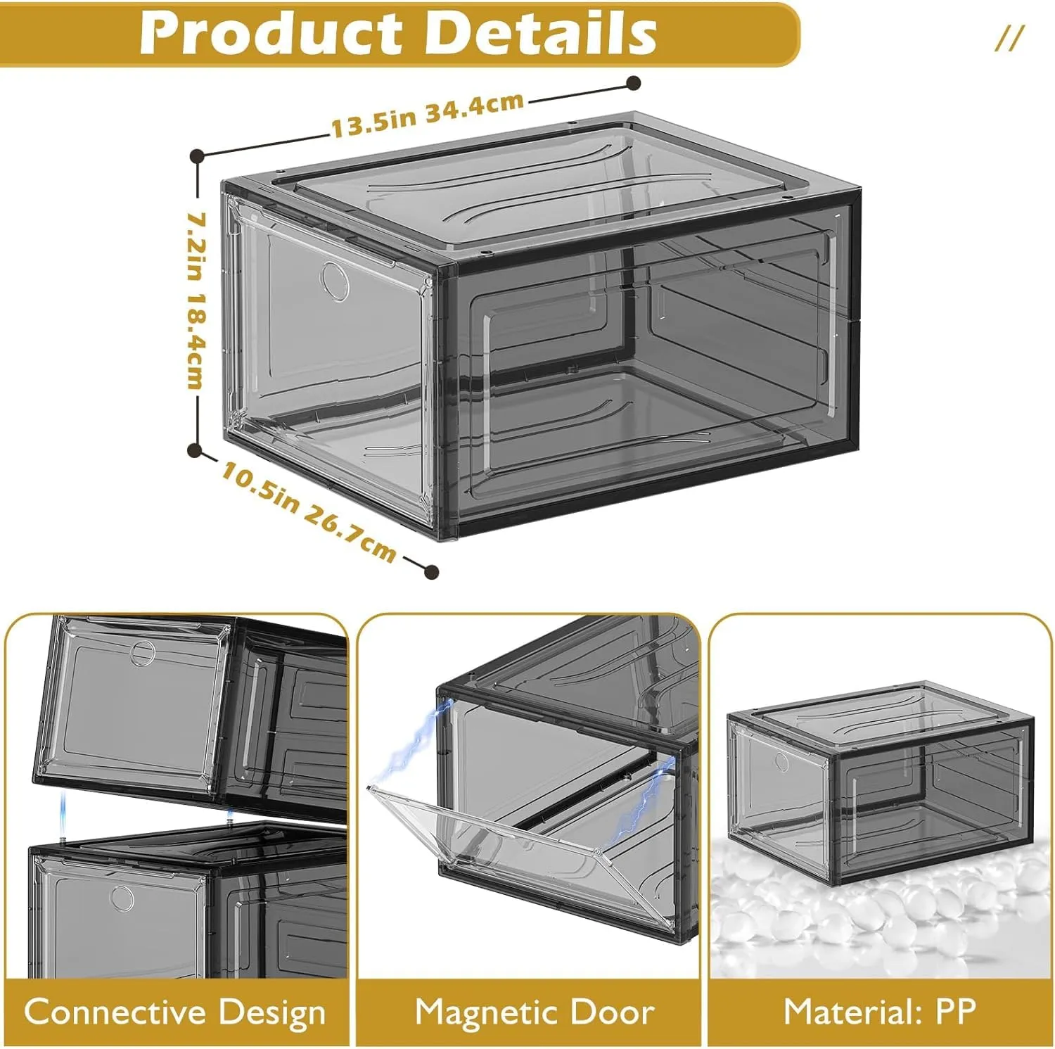 Thicken & Sturdy Clear Shoe Storage Organizer with Magnetic Door, Stackable Boxes for Closet, Foldable Shoe Rack for Sneaker Boot Container, Plastic Shoe Cabinet Shoe Box 6 Pack, Black