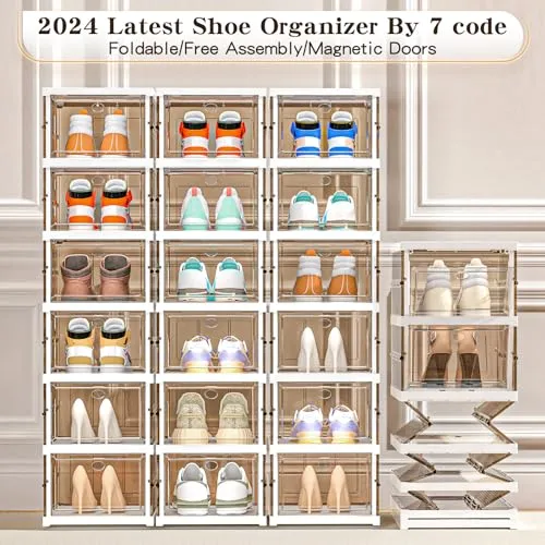 Thicken & Sturdy Clear Shoe Storage Organizer with Magnetic Door, Stackable Boxes for Closet, Foldable Shoe Rack for Sneaker Boot Container, Plastic Shoe Cabinet Shoe Box 6 Pack, Black
