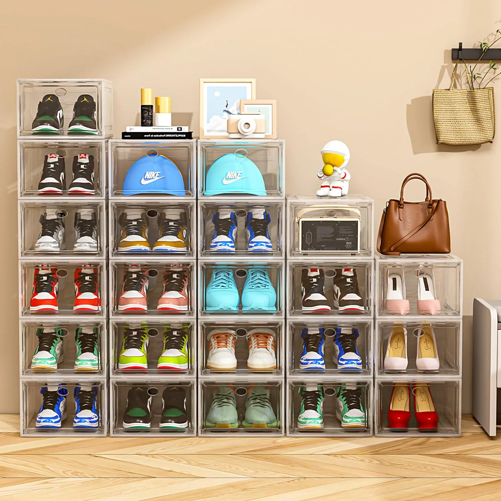 Thicken & Sturdy Clear Shoe Storage Organizer with Magnetic Door, Stackable Boxes for Closet, Foldable Shoe Rack for Sneaker Boot Container, Plastic Shoe Cabinet Shoe Box 6 Pack, Black