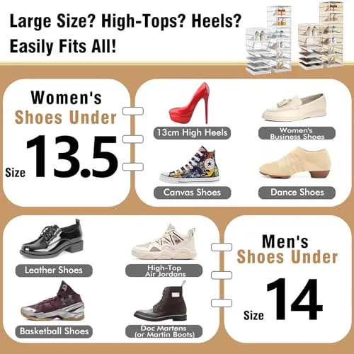 Thicken & Sturdy Clear Shoe Storage Organizer with Magnetic Door, Stackable Boxes for Closet, Foldable Shoe Rack for Sneaker Boot Container, Plastic Shoe Cabinet Shoe Box 6 Pack, Black