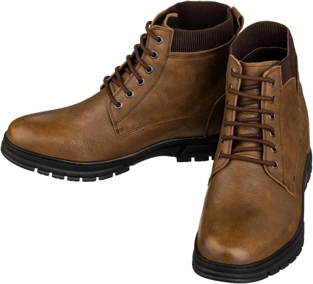 TOTO Men's Invisible Height Increasing Elevator Shoes - Khaki Pebble Grain Leather Lace-up Work Boots - 2.8 Inches Taller - K84017 - Size 11 D(M) US