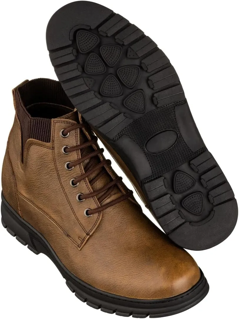 TOTO Men's Invisible Height Increasing Elevator Shoes - Khaki Pebble Grain Leather Lace-up Work Boots - 2.8 Inches Taller - K84017 - Size 11 D(M) US