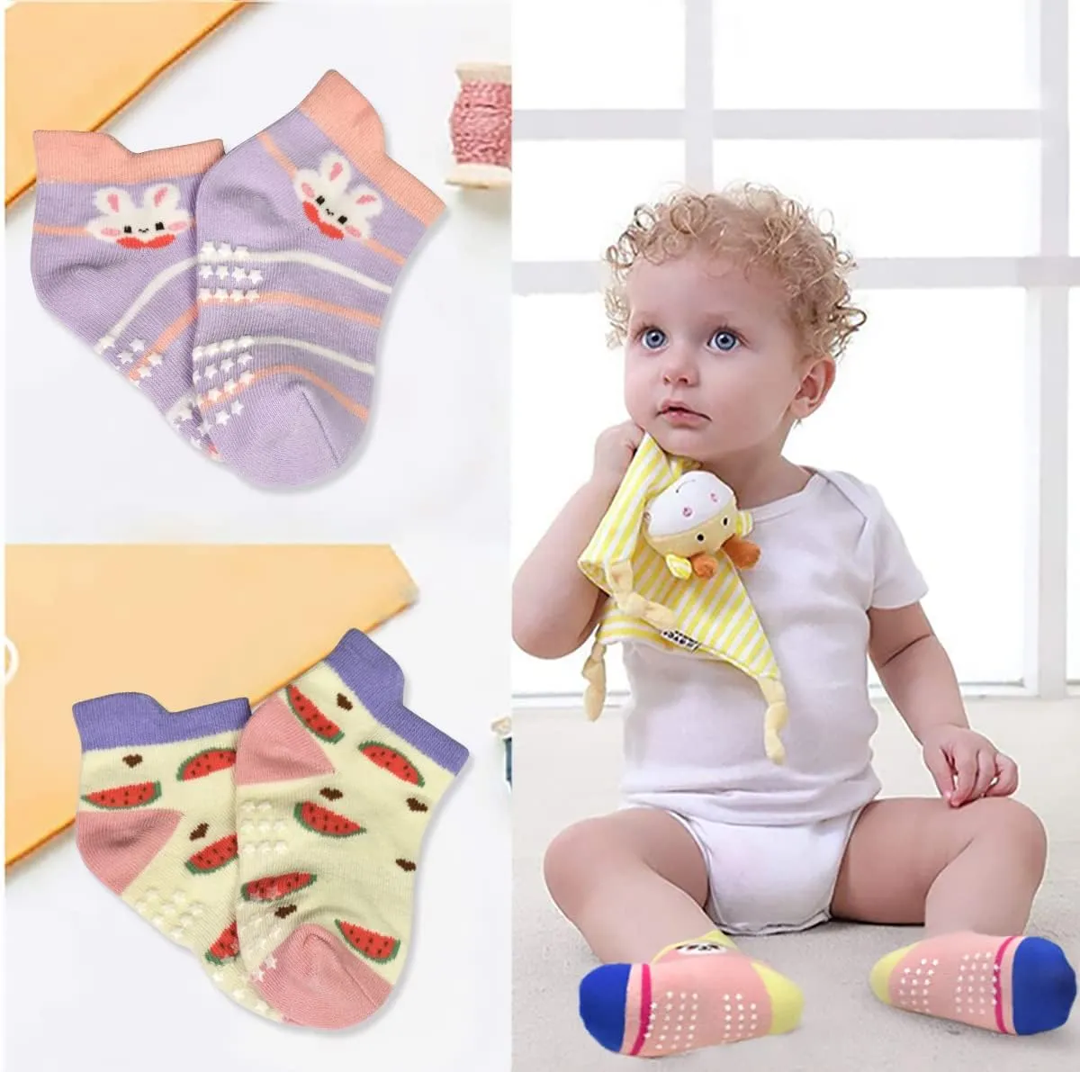 Tphon Non Slip Kids Toddler Socks with Gripper - 12 Pairs Anti Skid Socks for Boys & Girls, Ages 1-7