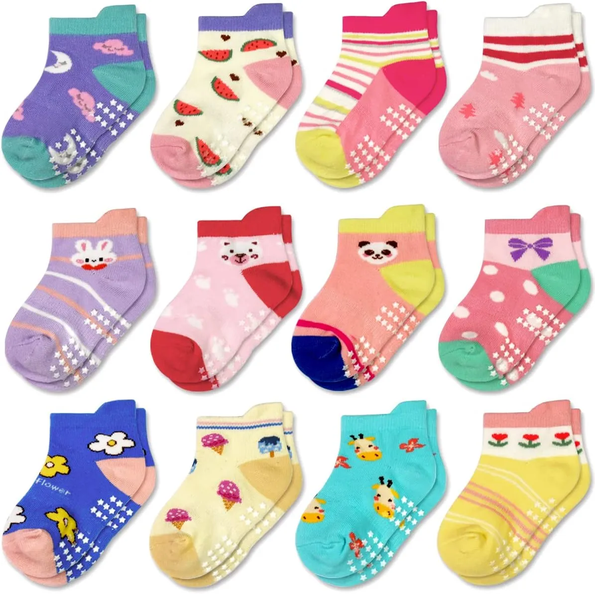 Tphon Non Slip Kids Toddler Socks with Gripper - 12 Pairs Anti Skid Socks for Boys & Girls, Ages 1-7