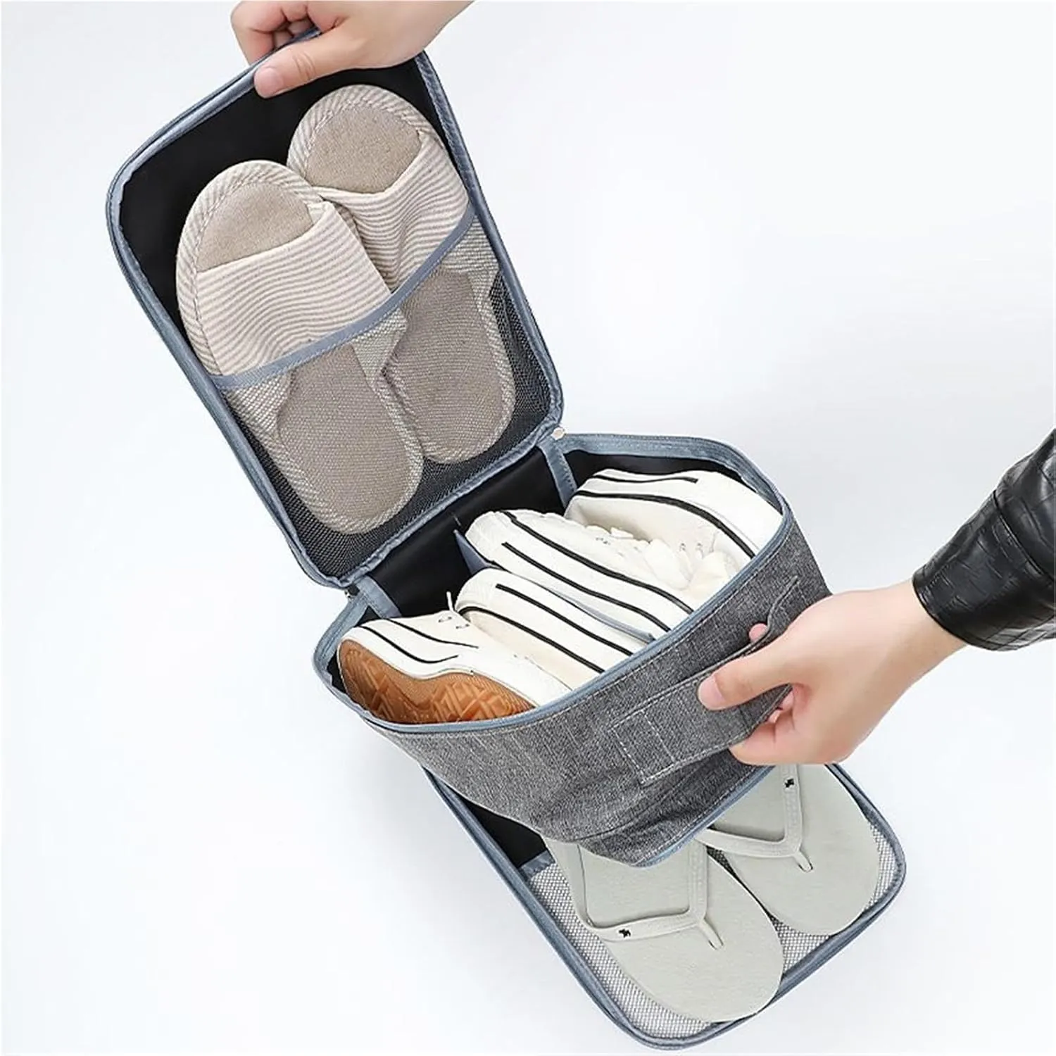 Travel Shoe Organizer Bag – 3-Layer Large Capacity Waterproof Shoe Storage for Luggage, Foldable Portable Shoe Bag for Sneakers, Sandals Clothes Underwear, Gym Shoes.(Grey)