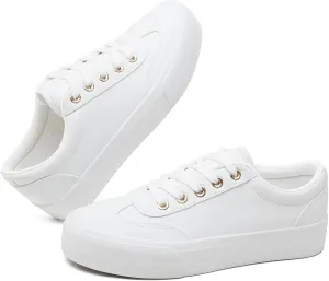 TUOPIN Women's Tennis Shoes White PU Leather Platform Sneakers Comfortable Lace-Up Walking Shoes Fashion Chunky Athletic Sneakers for Women