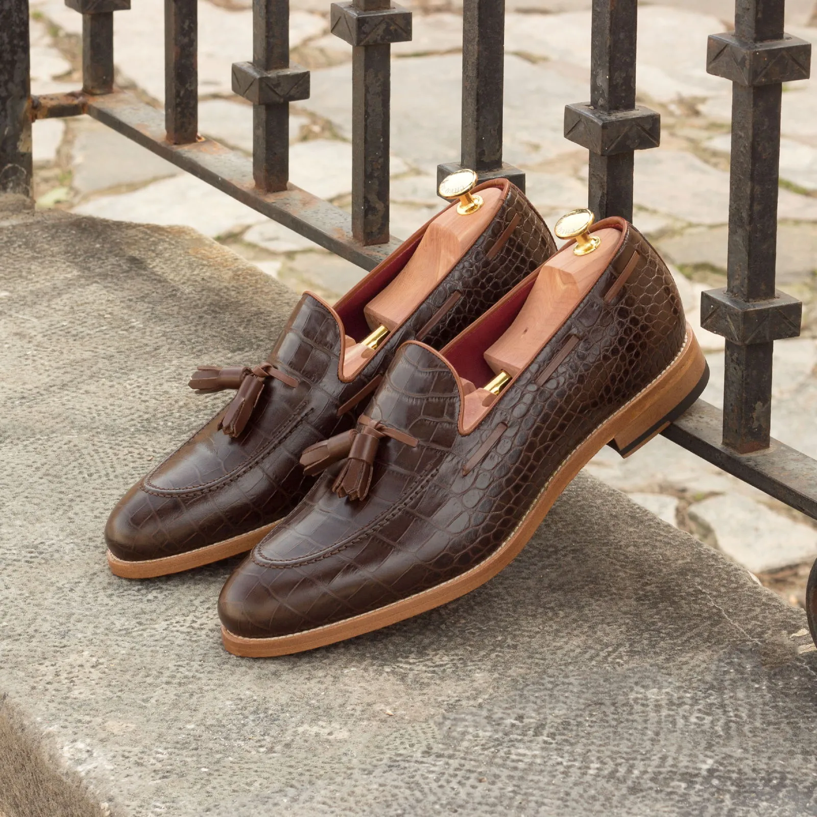 Unique Handcrafted Croco Brown Slip on Loafer w/ Tassles by Le Ruux